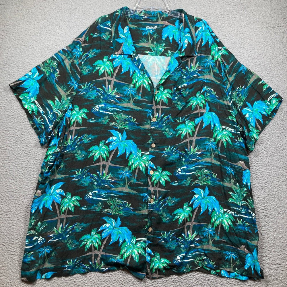 KS Island Button Down Shirt Big Mens 4XL Black Blue Tropical Palm Tree Rayon